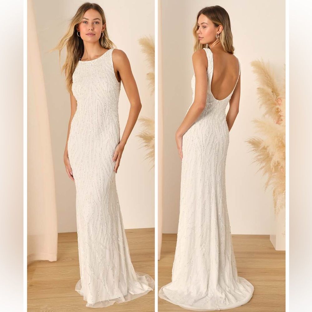 Lulus Glamourous Ever After White Sequin Beaded Backless Maxi Dress size Medium